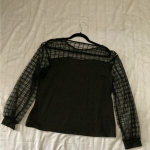 Black Sheer Grid-Pattern Long Sleeve Top